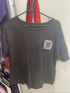 Roxy Black Tee with Pink & Blue Square Chest Graphic